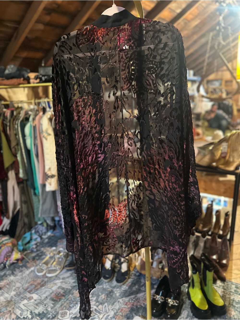 Sheer Burnout Velvet Kimono Camisole - Black with Red and Pink Accents - Picture 4 of 4